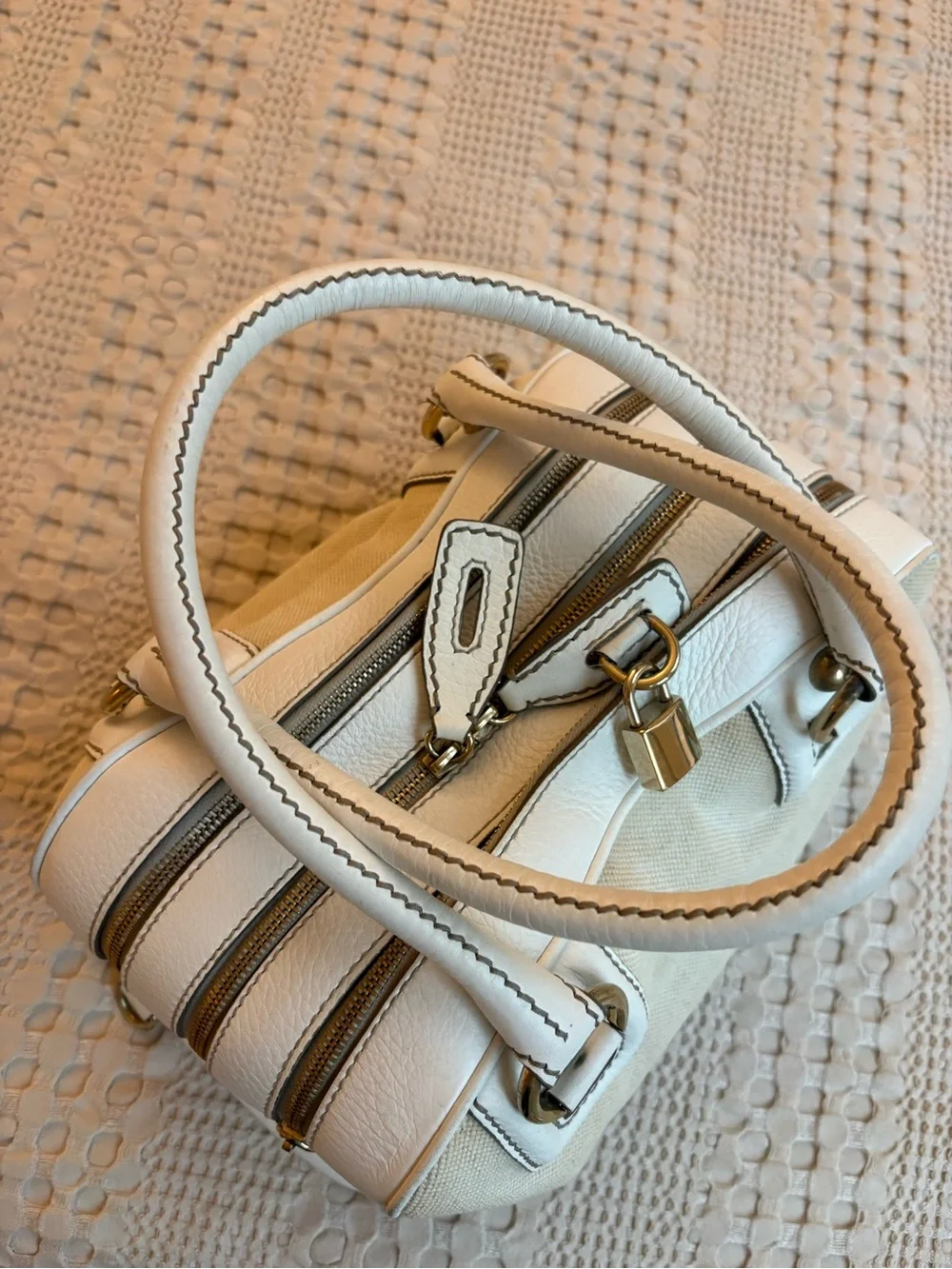 Dolce & Gabbana Beige Canvas Satchel with White Leather Trim and Gold Hardware